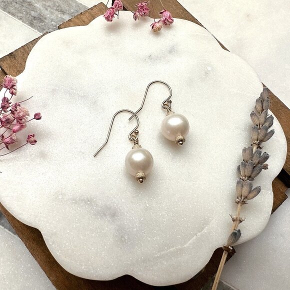 New Elegant Natural White Round Freshwater Pearl Earrings | Handmade in BC - Picture 2 of 4